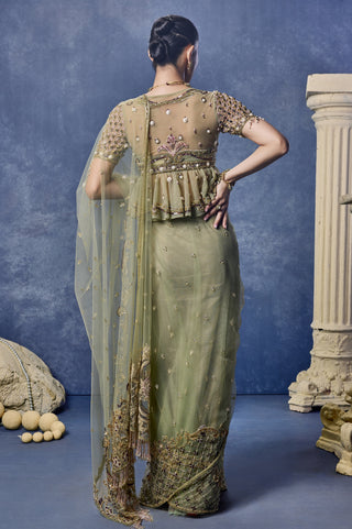 Back view of the sage green saree set with the peplum blouse and net pallu at Mrs. G