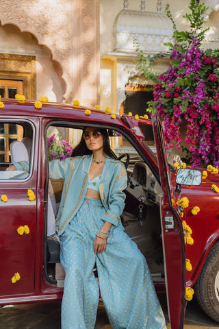 Blue palm trees and sky bandhani jacket set