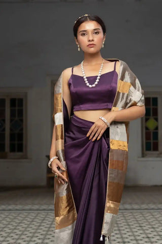 Closer front view of the purple satin top, draped skirt and stole by Sheela Suthar at Mrs. G
