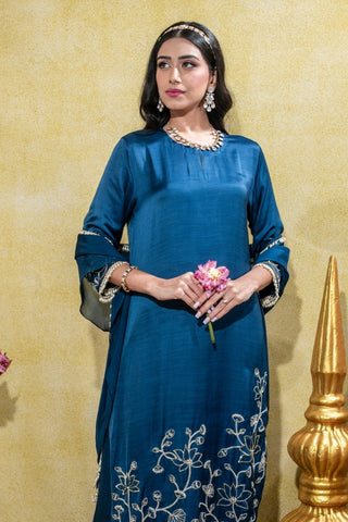 Closer front view of the midnight blue embroidered straight kurta set by Sheela Suthar at Mrs. G