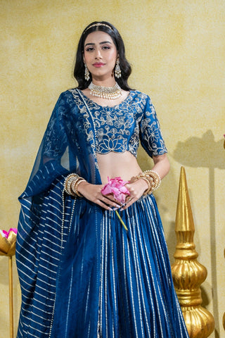 Closer front view of the midnight blue lehenga set by Sheela Suthar at Mrs. G