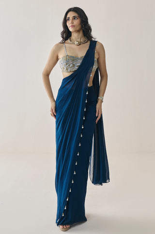 Pre-Draped Saree for Indian Wedding - Blue Material Girl Opal Saree Set by Seema Thukral at Mrs. G