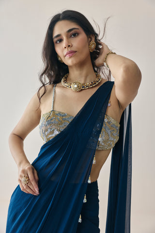 Pre-Draped Saree for Indian Wedding - Blue Material Girl Opal Saree Set by Seema Thukral at Mrs. G