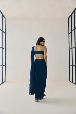 Pre-Draped Saree for Indian Wedding - Blue Material Girl Opal Saree Set by Seema Thukral at Mrs. G