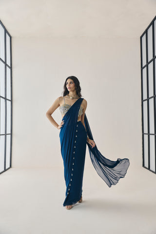 Pre-Draped Saree for Indian Wedding - Blue Material Girl Opal Saree Set by Seema Thukral at Mrs. G