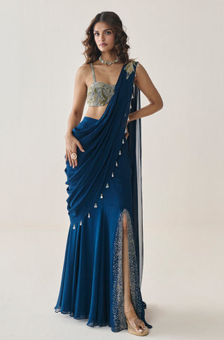 Saree Set for Indian Wedding - Blue Material Girl Floriana Saree Set by Seema Thukral at Mrs. G