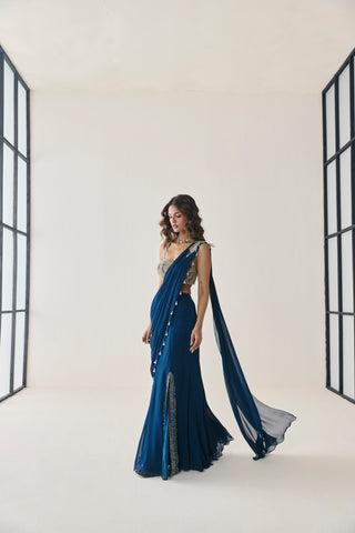 Saree Set for Indian Wedding - Blue Material Girl Floriana Saree Set by Seema Thukral at Mrs. G