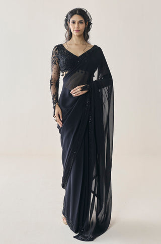 Pre-Draped Saree for Indian Wedding - Black Material Girl Mabel Saree Set by Seema Thukral at Mrs. G