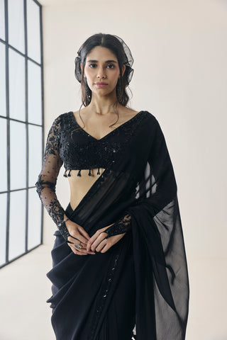 Pre-Draped Saree for Indian Wedding - Black Material Girl Mabel Saree Set by Seema Thukral at Mrs. G