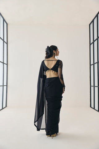Pre-Draped Saree for Indian Wedding - Black Material Girl Mabel Saree Set by Seema Thukral at Mrs. G