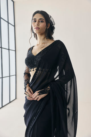 Pre-Draped Saree for Indian Wedding - Black Material Girl Mabel Saree Set by Seema Thukral at Mrs. G