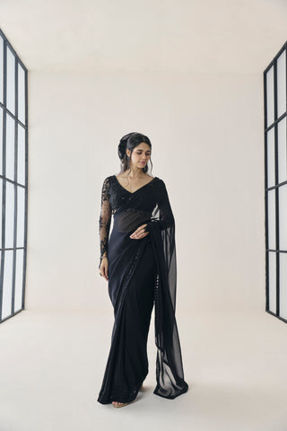 Pre-Draped Saree for Indian Wedding - Black Material Girl Mabel Saree Set by Seema Thukral at Mrs. G