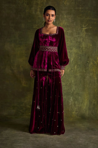 Mulberry velvet peplum and sharara set