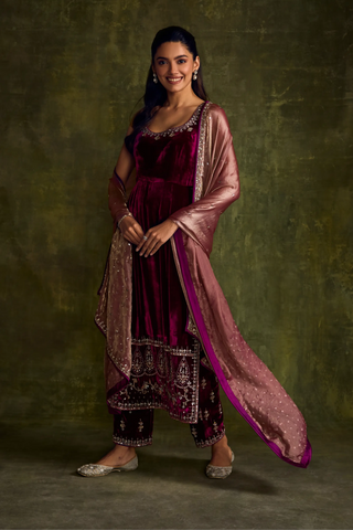 Mulberry velvet high slit kurta and pants set