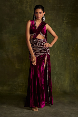 Mulberry velvet slit pre-draped saree