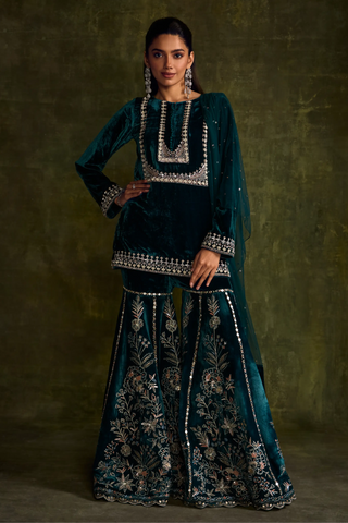 Teal velvet sharara set