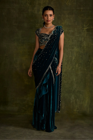 Turqoise velvet pre-draped saree