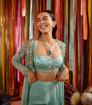 Mint green cape, sharara and cut-out bustier