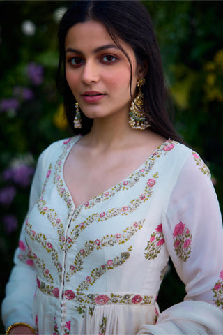 Anarkali Set for Indian Wedding – Ivory Block Print Zardozi by Shyam Narayan Prasad