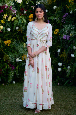 Anarkali Set for Indian Wedding – Ivory Block Print Zardozi by Shyam Narayan Prasad