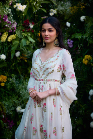 Anarkali Set for Indian Wedding – Ivory Block Print Zardozi by Shyam Narayan Prasad