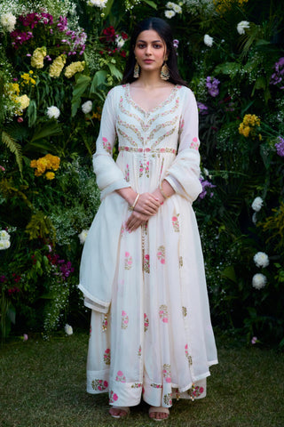 Anarkali Set for Indian Wedding – Ivory Block Print Zardozi by Shyam Narayan Prasad