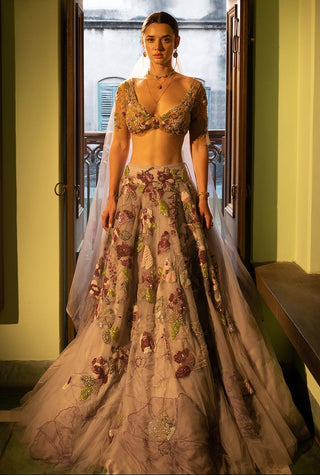 Lehenga Set for Indian Wedding - A Field of Purple Poppies Lehenga Set by The Little Black Bow at Mrs. G