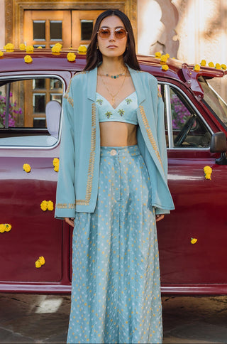 Jacket Set for Indian Wedding - Blue Palm Trees and Sky Bandhani Jacket Set by The Little Black Bow at Mrs. G