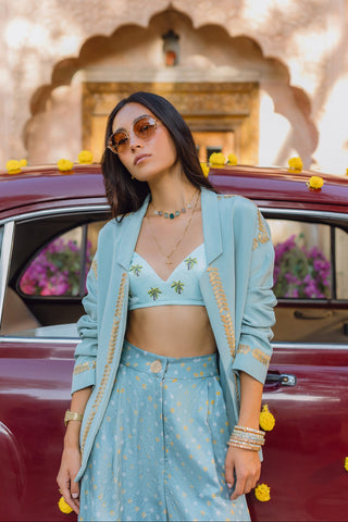 Jacket Set for Indian Wedding - Blue Palm Trees and Sky Bandhani Jacket Set by The Little Black Bow at Mrs. G