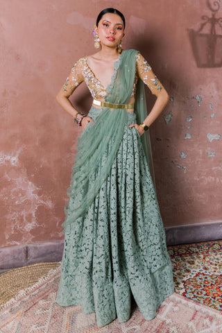 Lehenga Set for Indian Wedding - Green Notes of Mint Hints of Floral Lehenga Set by The Little Black Bow at Mrs. G