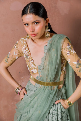 Lehenga Set for Indian Wedding - Green Notes of Mint Hints of Floral Lehenga Set by The Little Black Bow at Mrs. G