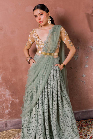Lehenga Set for Indian Wedding - Green Notes of Mint Hints of Floral Lehenga Set by The Little Black Bow at Mrs. G