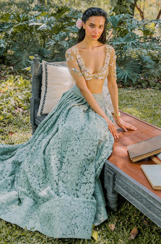 Lehenga Set for Indian Wedding - Green Notes of Sage Hints of Floral Lehenga Set by The Little Black Bow at Mrs. G