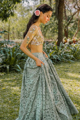 Lehenga Set for Indian Wedding - Green Notes of Sage Hints of Floral Lehenga Set by The Little Black Bow at Mrs. G