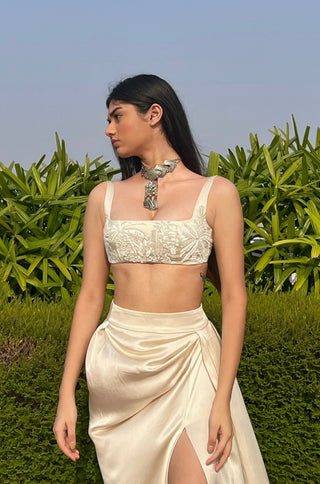Lehenga Set for Indian Wedding - Ivory Silk Palm Pineapple Lehenga Set by The Little Black Bow at Mrs. G