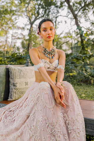 Lehenga Set for Indian Wedding - Pink Lace and Pearl Lehenga Set by The Little Black Bow at Mrs. G