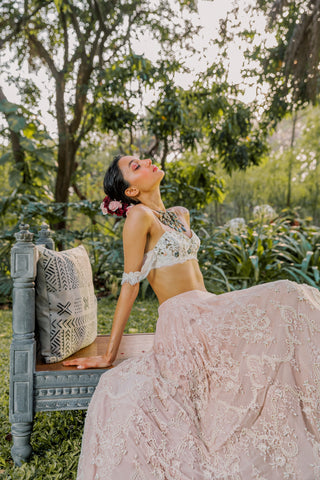 Lehenga Set for Indian Wedding - Pink Lace and Pearl Lehenga Set by The Little Black Bow at Mrs. G