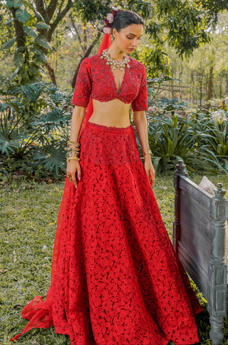 Lehenga Set for Indian Wedding - Red Notes of Mint Hints of Floral Lehenga Set by The Little Black Bow at Mrs. G