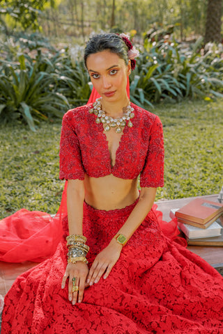 Lehenga Set for Indian Wedding - Red Notes of Mint Hints of Floral Lehenga Set by The Little Black Bow at Mrs. G