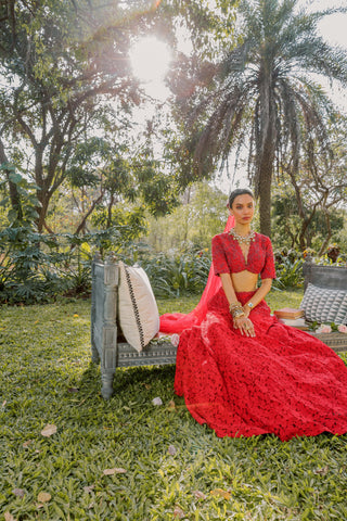 Lehenga Set for Indian Wedding - Red Notes of Mint Hints of Floral Lehenga Set by The Little Black Bow at Mrs. G