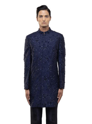 Navy Blue Applique Embroidered Sherwani Set