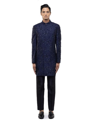 Navy Blue Applique Embroidered Sherwani Set