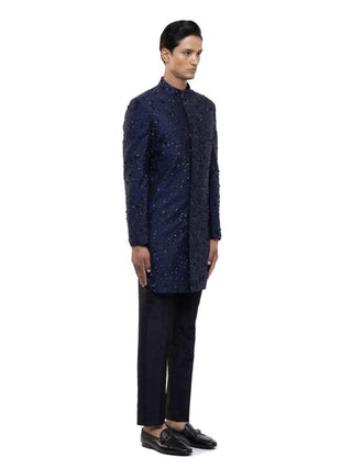 Navy Blue Applique Embroidered Sherwani Set