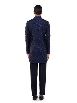 Navy Blue Applique Embroidered Sherwani Set