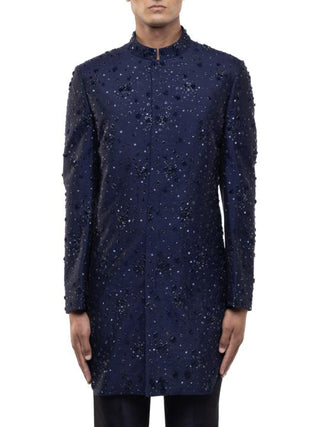 Navy Blue Applique Embroidered Sherwani Set