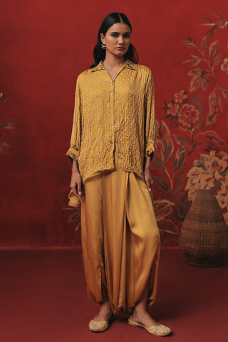Full-length front view of the bandhani tunic and low-crotch dhoti, yellow ziya a-line hi-low co-ord set by Twenty Nine at Mrs. G