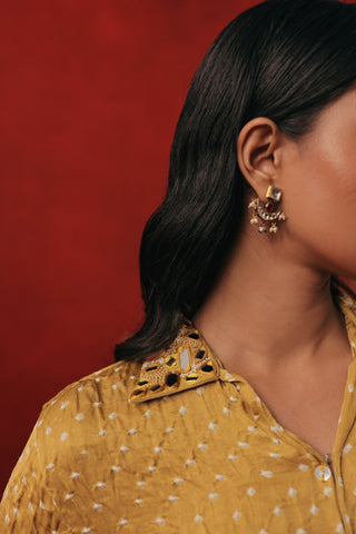 Close-up of the mirror work on the shirt collar, yellow ziya a-line hi-low co-ord set by Twenty Nine at Mrs. G
