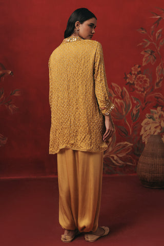 Back view of the tunic with a box pleat and a dhoti, yellow ziya a-line hi-low co-ord set by Twenty Nine at Mrs. G