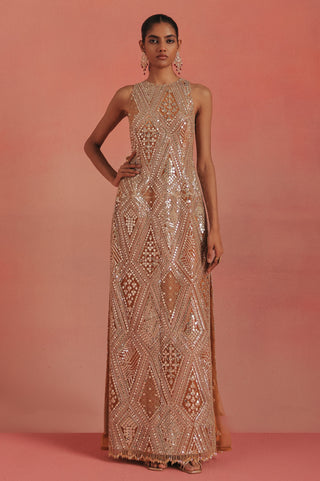 Full-length front view of the long sleeveless dress with mirror work, peach ziya sleeveless kurta set by Twenty Nine at Mrs. G