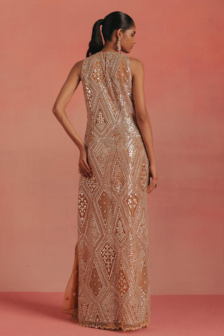Back view of the long sleeveless dress with diamond mirror work, peach ziya sleeveless kurta set by Twenty Nine at Mrs. G